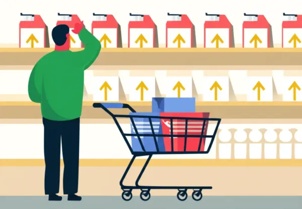 Cartoon shopper in a grocery store with rising price tags