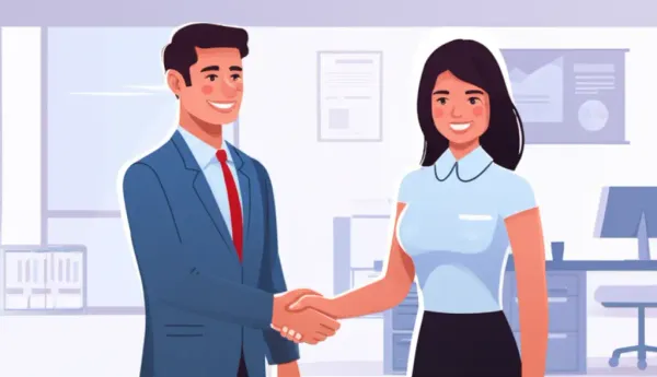 Cartoon insurance advisor with a handshake gesture