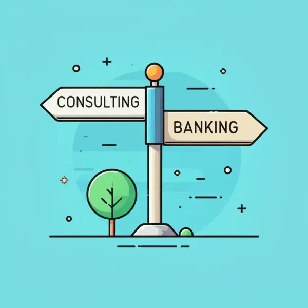Crossroads with signs pointing to Consulting and Banking