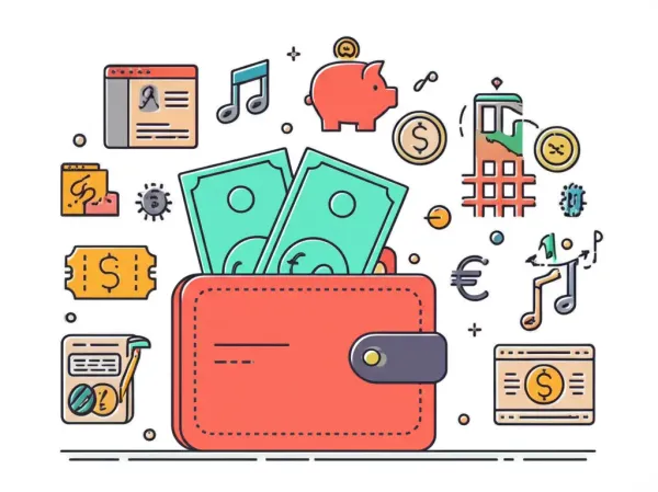 Wallet with cash and icons for bills, savings, and fun.