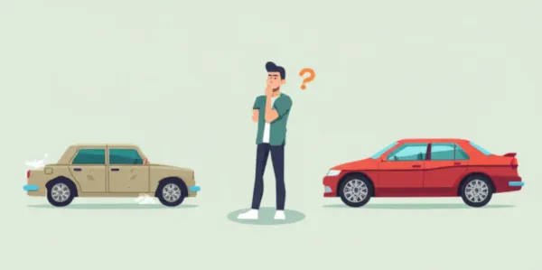 Illustration of a person deciding between an old and a new car.