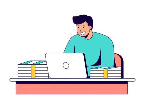 Person smiling at a desk with money and a laptop.
