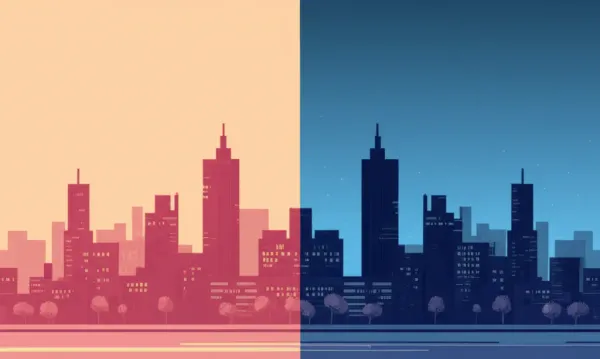 Cityscape illustrating the dual nature of day and night