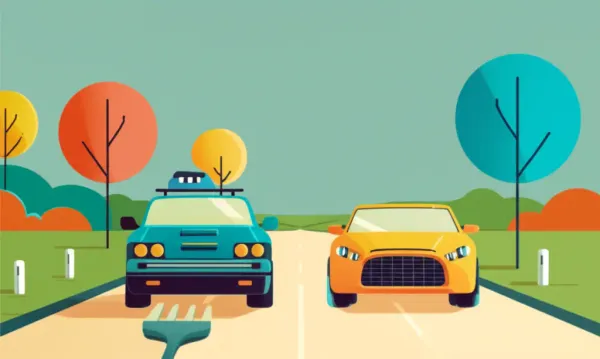 A fork in the road with cars illustrating the decision between old and new vehicles