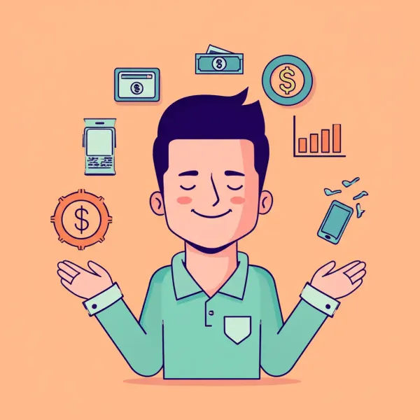 A person juggling life and finance icons.