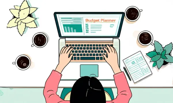 Person reviewing a budget planner on a laptop