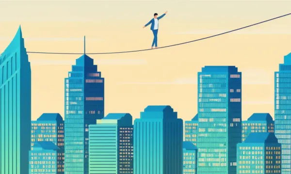 Navigating complex situations represented by a person balancing on a tightrope over a cityscape.