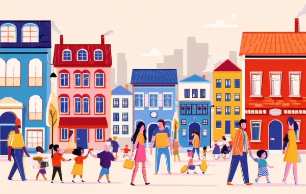 A welcoming neighborhood street with people and colorful houses.