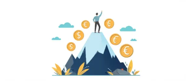 Person reaching the peak of a mountain with financial symbols
