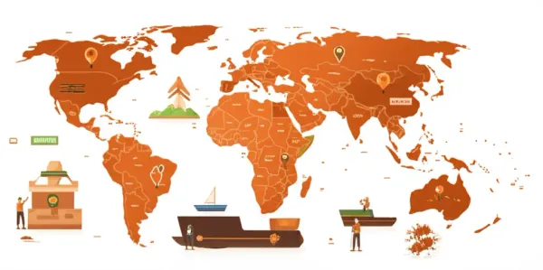 Illustration of copper mining and international trade activities