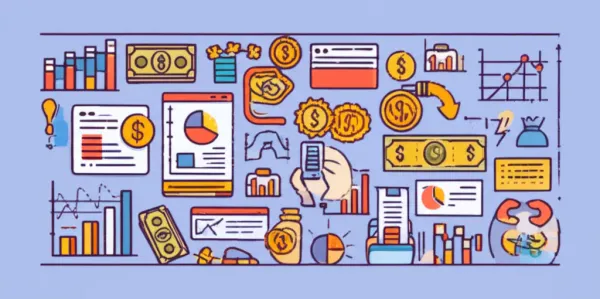 Illustration of a diversified investment portfolio with graphs and dividend symbols