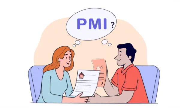 A couple discussing home loan papers with a thought bubble containing 'PMI'.