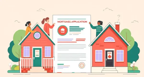 Cartoon illustration of people reviewing mortgage applications in Canada
