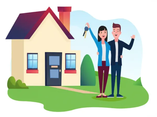 Happy couple in front of their new home holding keys