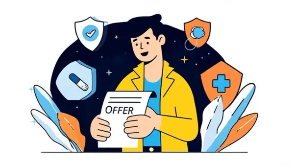 Excited person holding an offer letter with insurance symbols around