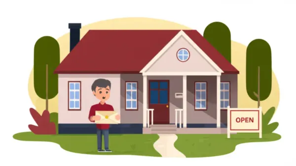Surprised homeowner holding a letter in front of a house