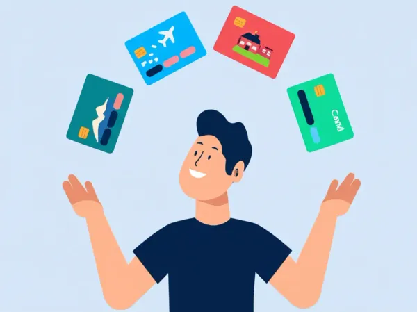 Person juggling credit cards with travel logos