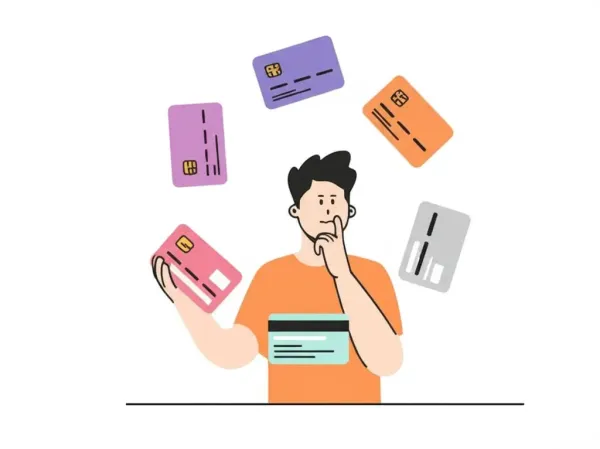Cartoon person considering multiple credit card options