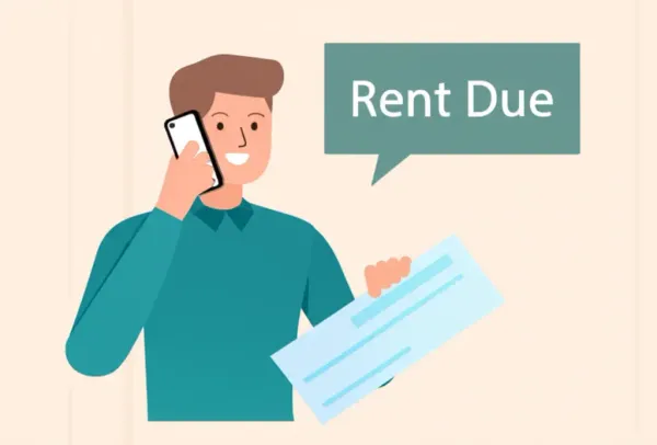 Person holding a rent check while on the phone with landlord.