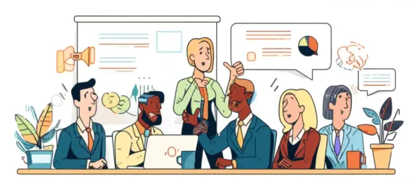 Diverse team brainstorming recruitment strategies in a cartoon-style meeting room