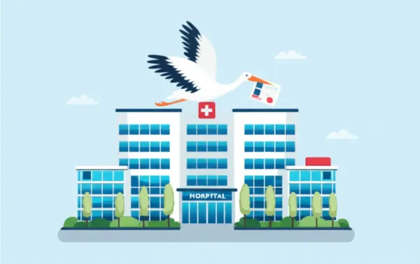 Cartoon of a stork flying with a health insurance card over a hospital