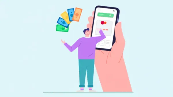 Person juggling bills with a payment app on their phone