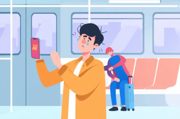 A commuter on a train realizing their phone has been stolen.