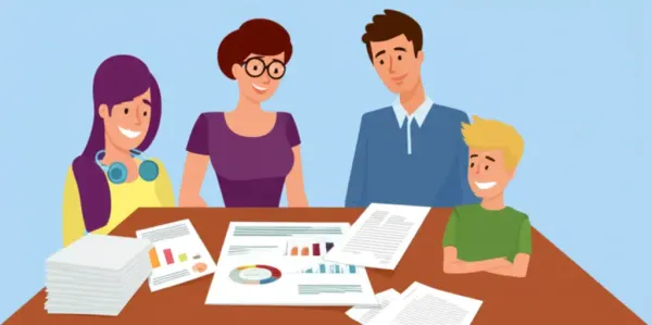 Family discussing estate planning documents together