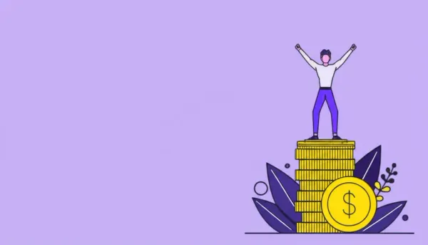 Cartoon person standing on a stack of coins, representing financial empowerment