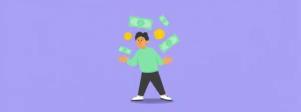 A person juggling coins and bills, symbolizing wealth management