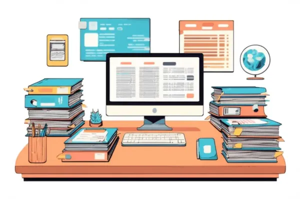 An organized underwriter's desk with papers and a laptop
