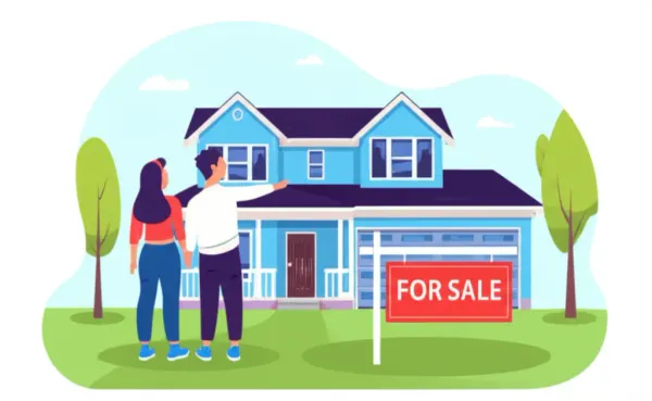 Young couple looking at a new house with a 'For Sale' sign
