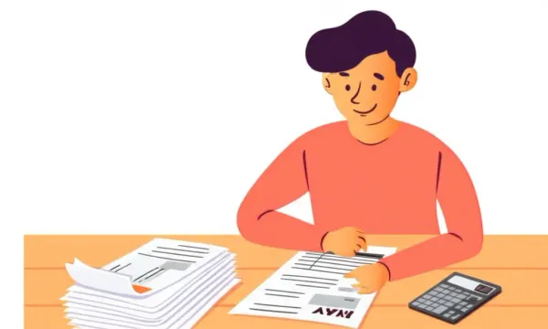 A person reviewing tax documents with a calculator on a table