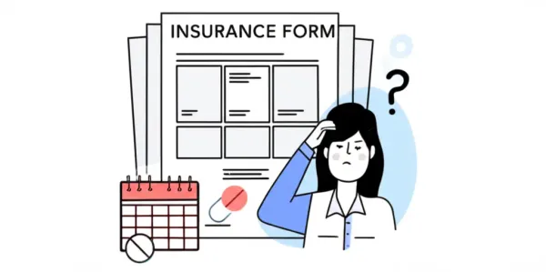Illustration of insurance forms and contraceptives with a confused person