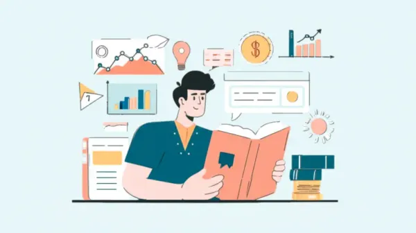 A cheerful person reading about financial independence with charts depicting financial growth.
