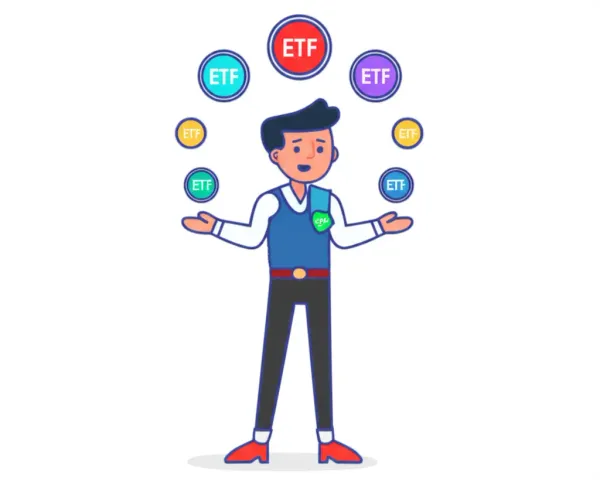 Cartoon illustration of a person juggling ETFs to represent managing investments
