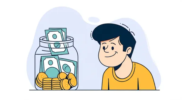 Illustration of a person celebrating their financial milestone with a savings jar.