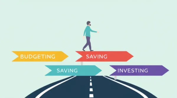 A cartoon-style image of a person navigating a financial roadmap