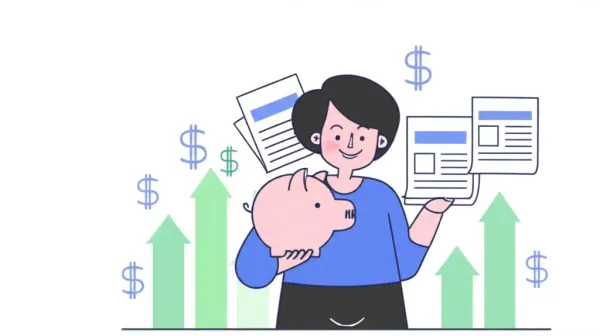Person celebrating financial success with small goal sheets and a piggy bank