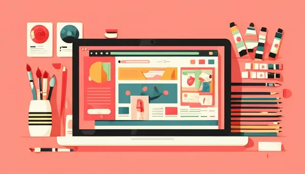 A creative workspace featuring a digital portfolio on a laptop
