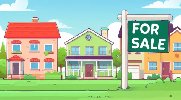 Cartoon neighborhood with houses and For Sale sign