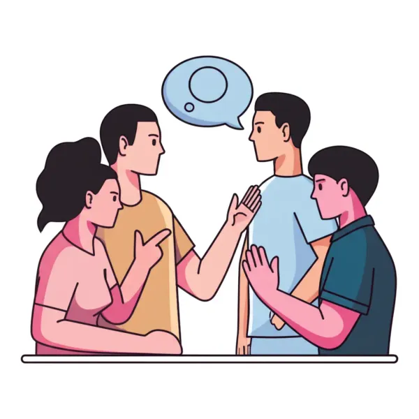 A cartoon-style illustration of someone mediating a conversation between friends.