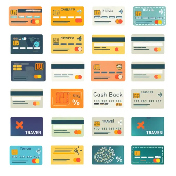 Cartoon-style illustration of credit cards with travel and cash back icons
