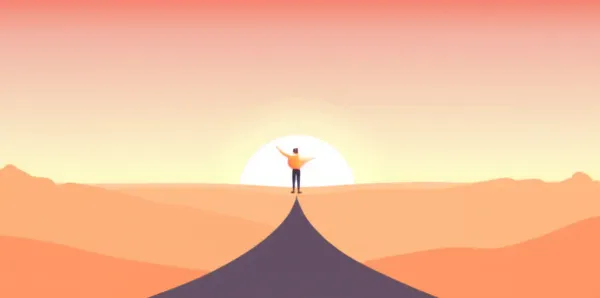 A person at a crossroads with a sunrise in the background, symbolizing new beginnings.