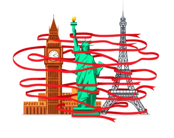 Global landmarks entangled in red tape representing tariffs