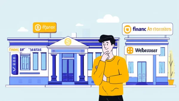 Person choosing between credit unions and banks represented by cartoon buildings
