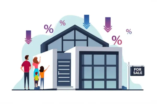 Family looking at a house for sale with falling interest rate symbols