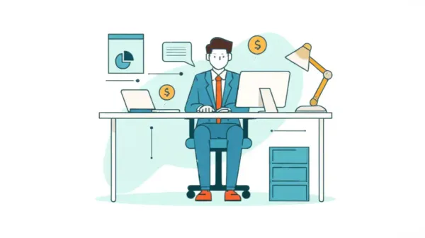 Illustration of a mortgage officer at a desk with financial symbols.