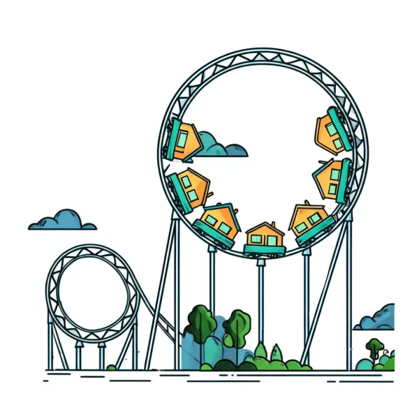 Illustration of a rollercoaster with houses depicting real estate market volatility