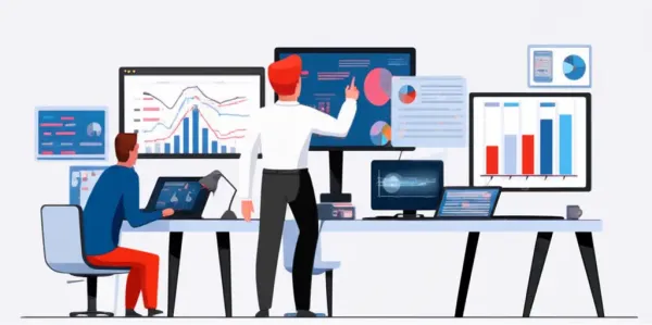 Investment banker scanning multiple screens in a modern office